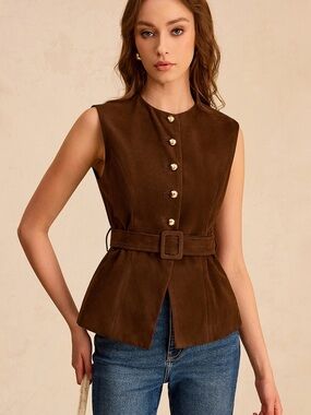 Commense Suede Effect Vest with Belt in Dark Brown